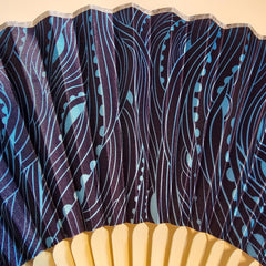 Satin hand fan with blue Ocean Waves pattern by Suniela