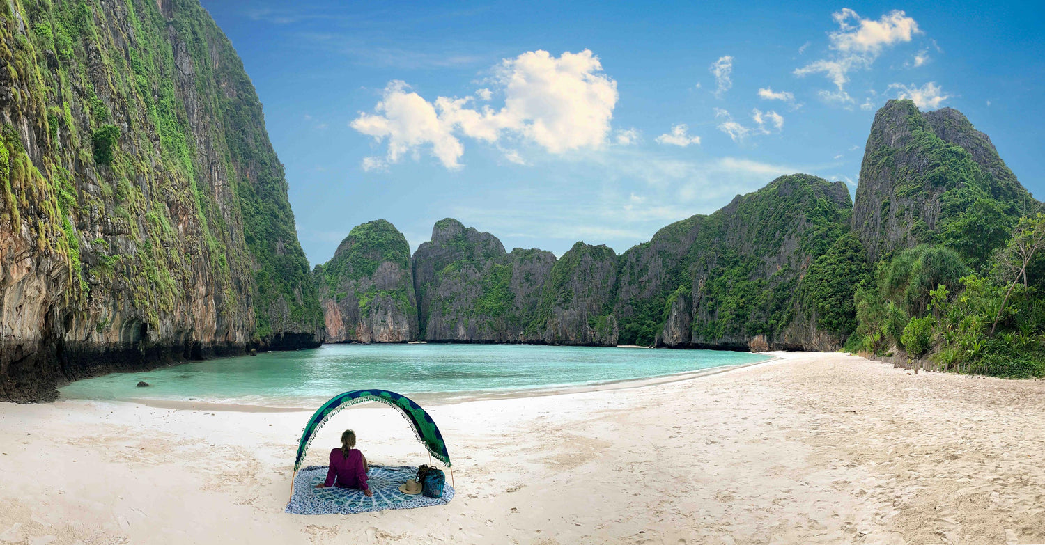 Suniela Shade Cabana in Parakeet pattern at Maya Beach in Thailand