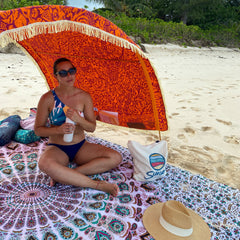 Extra large hand-dyed cotton beach mat by Suniela Beach_printMaroonMandala