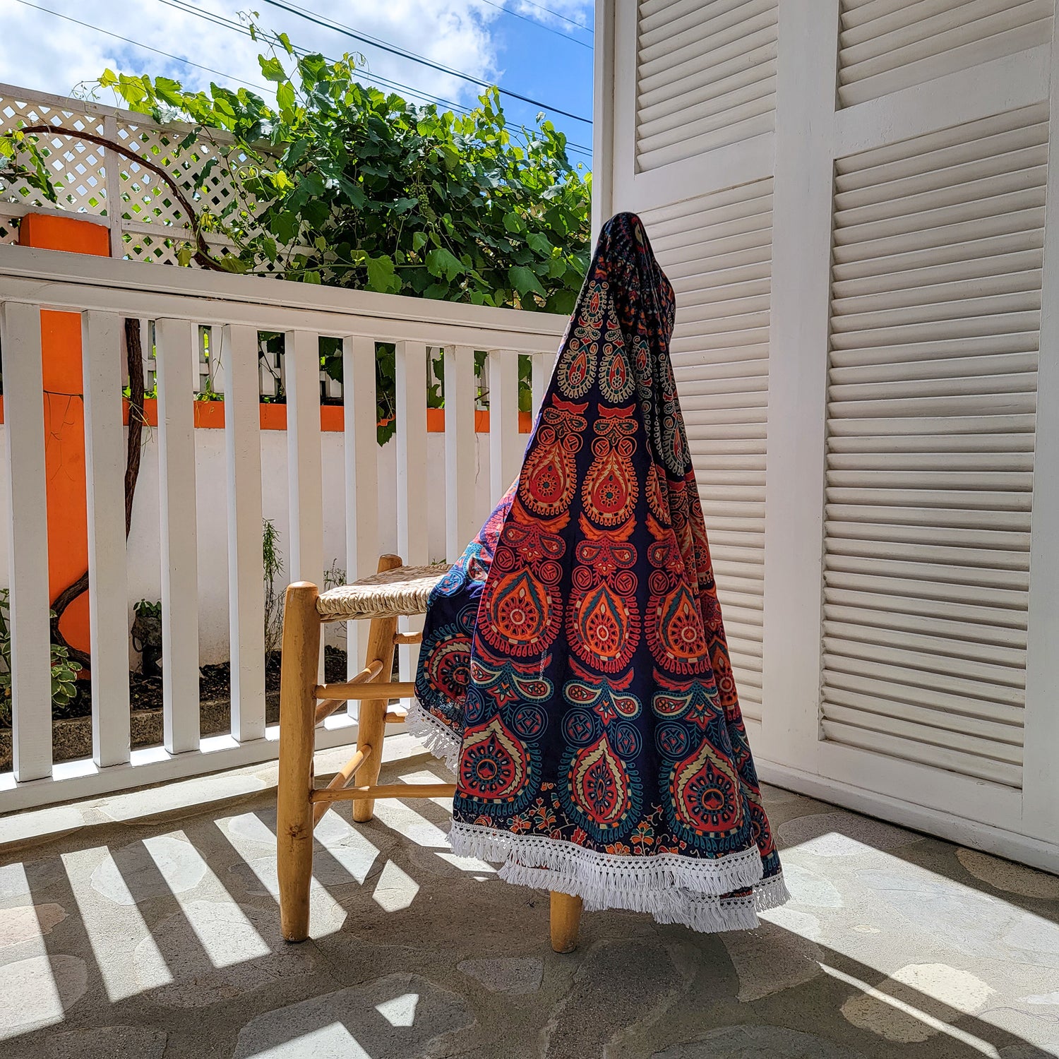 Large round picnic blanket with tassels by Suniela Beach_printPeacockMandala