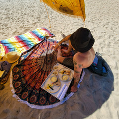 Round beach blanket hand dyed in India_printPeacockMandala