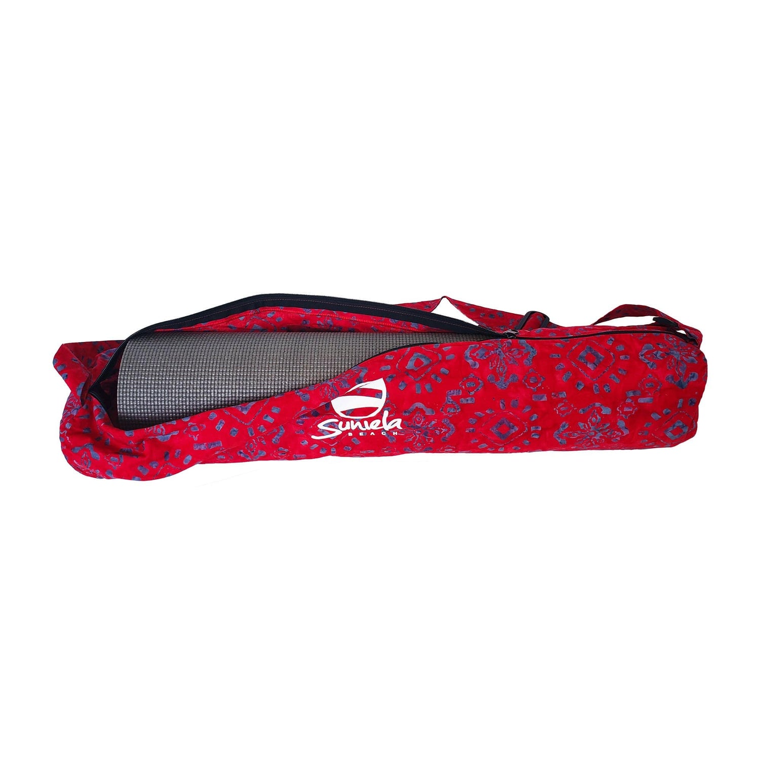 Vibrant batik yoga mat carry bag with zipper and adjustable strap, by Suniela Beach_printRedSands